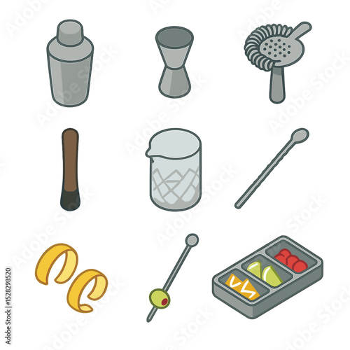 Festive Bar Tools Icons. Isometric Flat icon set of Festive cocktail bar tools: shaker, jigger, strainer, muddler, mixing glass,