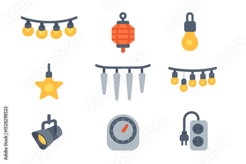 Festive Lights Icons. Isometric Flat icon set of festive hanging lights: string lights, lantern, bulb, star light, icicle light,