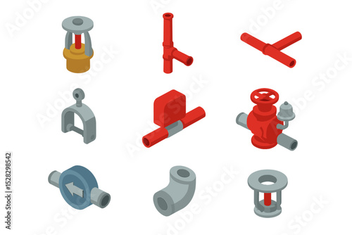 Fire Sprinkler Icon Set. Isometric Flat icon set of fire sprinkler ceiling layout: sprinkler head, wet pipe system, branch line,