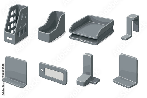 3D File Rack Icons. 3D icons set of vertical file and paper racks: vertical rack, letter slot, ledger tray, shelf clip, divider