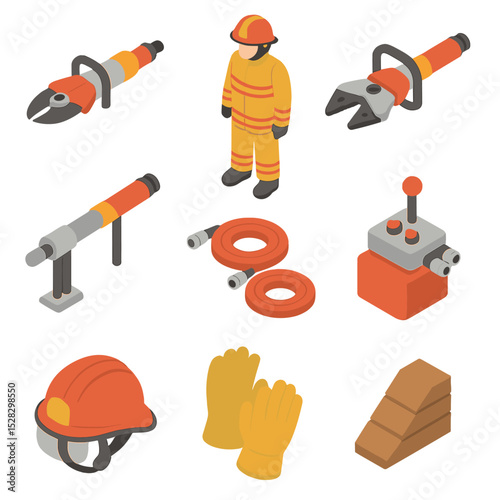 Firefighter Rescue Tools Icons. Isometric Flat icon set of Firefighters using hydraulic rescue tools: hydraulic cutter, hydraulic