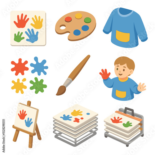 Finger Painting Icons. Isometric Flat icon set of Finger Painting Fun: paint handprints, color palette, smock apron, splash marks,