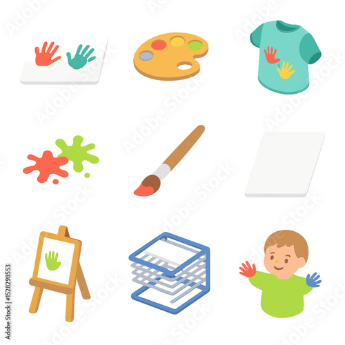 Finger Painting Icons. Isometric Flat icon set of Finger Painting Fun: paint handprints, color palette, smock apron, splash marks,