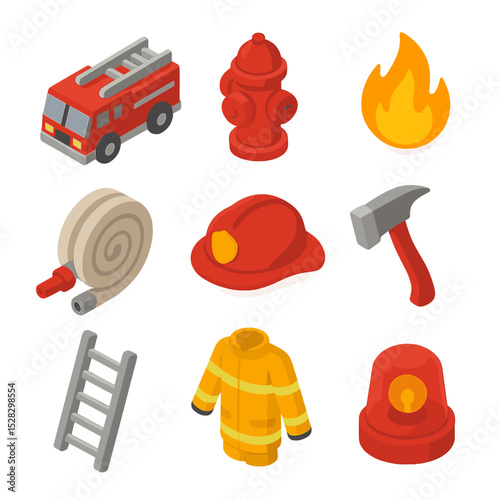 Firefighting Icon Set. Isometric Flat icon set of Fire emergency response: fire truck, fire hydrant, flame symbol, fire hose,