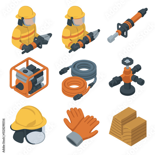 Firefighter Rescue Tools Icons. Isometric Flat icon set of Firefighters using hydraulic rescue tools: hydraulic cutter, hydraulic