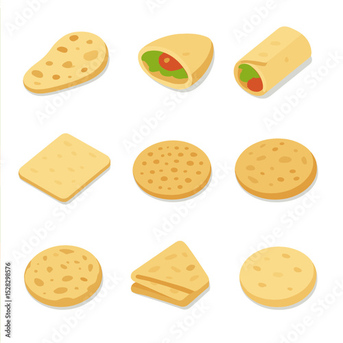 Flatbread Icon Set. Isometric Flat icon set of global flatbreads and wraps: naan flatbread, pita pocket, tortilla wrap, lavash