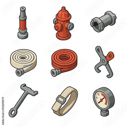 Firefighting Equipment Icons. Isometric Flat icon set of Firefighting hoses and equipment: fire hose nozzle, fire hydrant