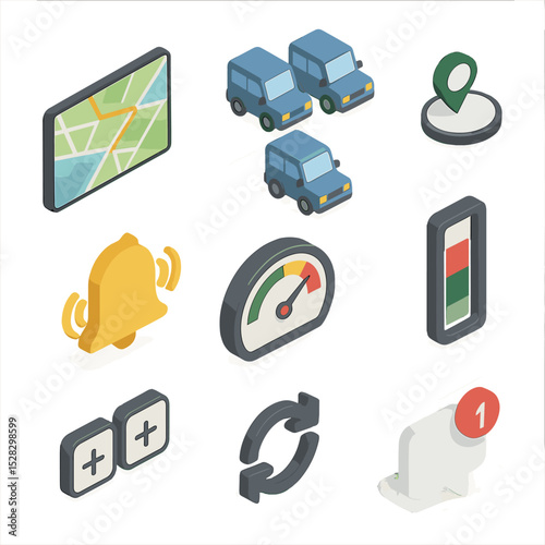 Fleet Monitoring Icons. Isometric Flat icon set of Fleet Monitoring Dashboard: map display, vehicle icon cluster, status indicator