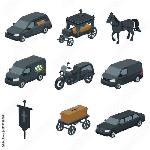 Funeral Vehicle Icons. Isometric Flat icon set of funeral vehicles: hearse car, ceremonial carriage, horse-drawn hearse, flower