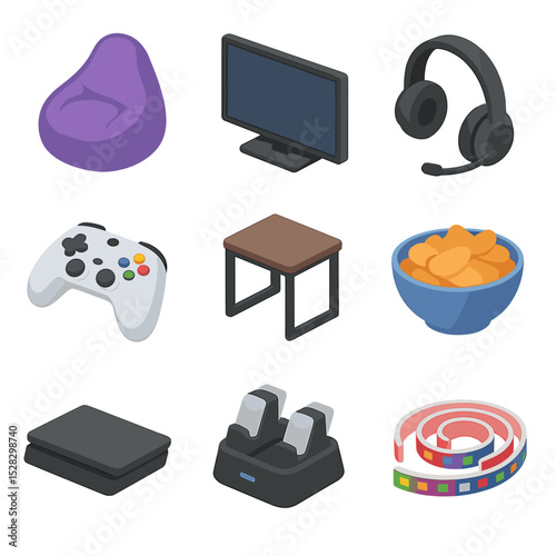 Gaming Lounge Icons. Isometric Flat icon set of Gaming lounge corner: bean bag, game controller, TV screen, headset, snack bowl,