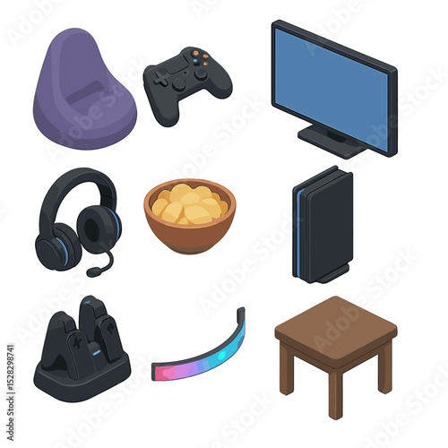 Gaming Lounge Icons. Isometric Flat icon set of Gaming lounge corner: bean bag, game controller, TV screen, headset, snack bowl,