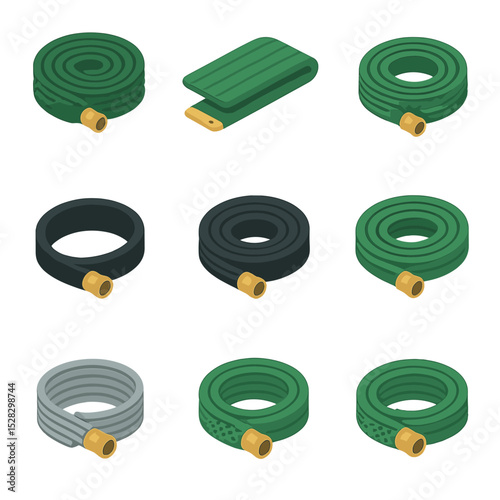 Garden Hose Icon Set. Isometric Flat icon set of Garden hose varieties: expandable hose, flat hose, kink-resistant hose, soaker