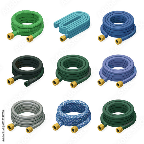 Garden Hose Icon Set. Isometric Flat icon set of Garden hose varieties: expandable hose, flat hose, kink-resistant hose, soaker