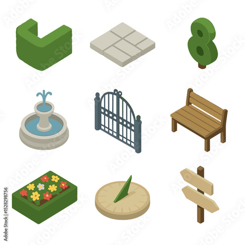 Garden Labyrinth Icons. Isometric Flat icon set of garden labyrinth path: hedge wall, stone path tile, topiary shape, central