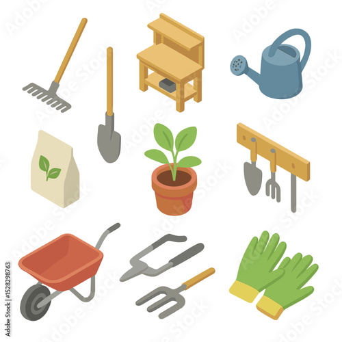 Garden Tools Icon Set. Isometric Flat icon set of Garden shed hut: rake, shovel, potting bench, watering can, seed packet, potted