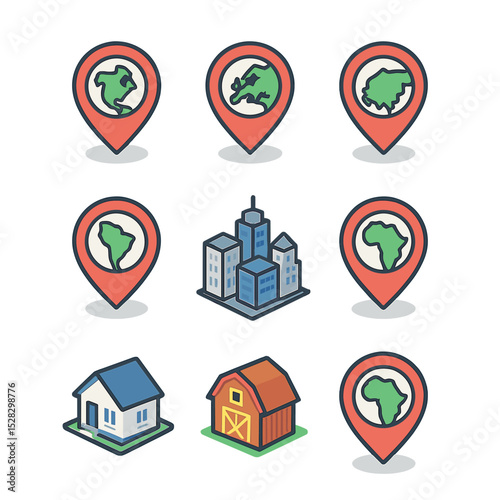 Geographic Region Icons. Isometric Flat icon set of Geographic market regions: North America map pin, Europe map pin, Asia-Pacific