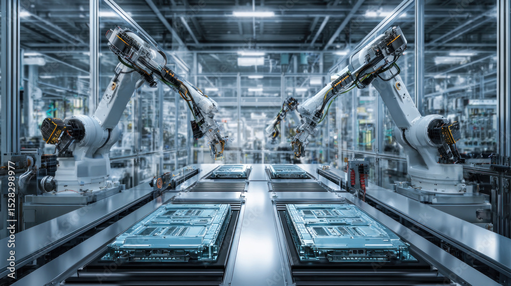 Fototapeta premium Industrial robot arms working in perfect synchronization assembling electric vehicle battery modules, advanced automation system inside high-tech clean factory