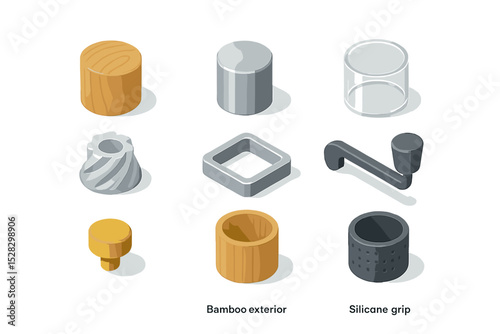 Grinder Material Icons. Isometric Flat icon set of grinder materials: beech wood body, stainless steel housing, acrylic