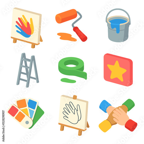 Group Mural Icons. Isometric Flat icon set of Group Mural Painting: large canvas, paint roller, paint bucket, ladder, painter’s