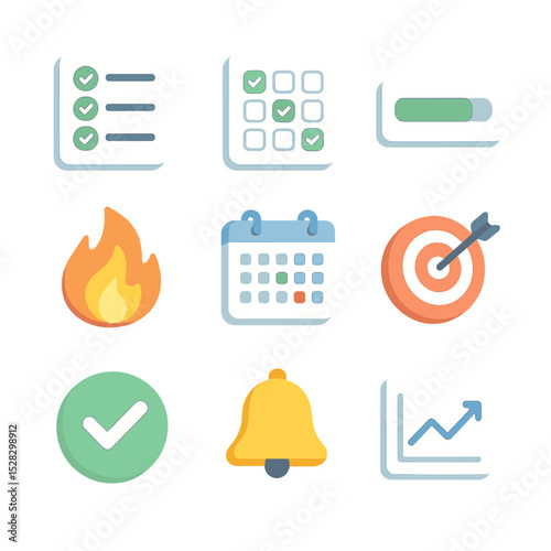 Habit Tracker Icons. Isometric Flat icon set of habit tracker interface: habit list, checkbox grid, progress bar, streak flame,