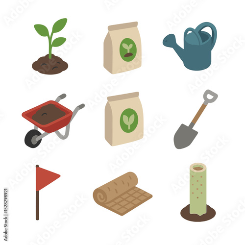 Habitat Restoration Icons. Isometric Flat icon set of Habitat restoration projects: sapling, soil bag, watering can, wheelbarrow,