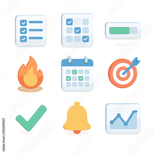 Habit Tracker Icons. Isometric Flat icon set of habit tracker interface: habit list, checkbox grid, progress bar, streak flame,