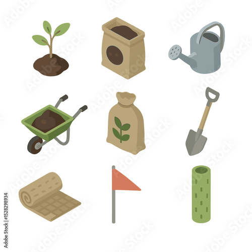 Habitat Restoration Icons. Isometric Flat icon set of Habitat restoration projects: sapling, soil bag, watering can, wheelbarrow,
