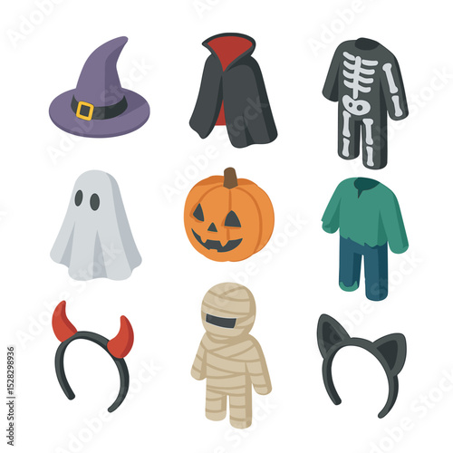 Halloween Costume Icons. Isometric Flat icon set of Halloween costumes: witch hat, vampire cape, skeleton suit, ghost sheet,