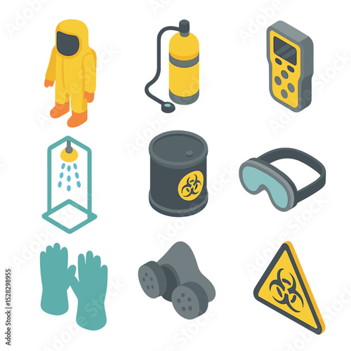 Hazard Response Gear Icons. Isometric Flat icon set of Hazardous materials response gear: hazmat suit, SCBA cylinder, chemical