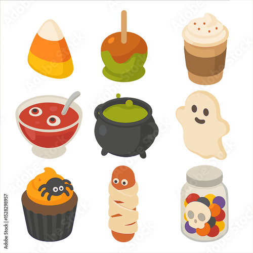 Halloween Party Icons. Isometric Flat icon set of party food and drinks: candy corn, caramel apple, pumpkin spice latte, blood