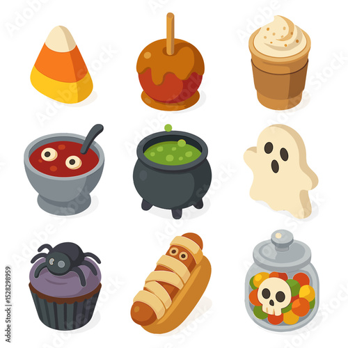 Halloween Party Icons. Isometric Flat icon set of party food and drinks: candy corn, caramel apple, pumpkin spice latte, blood