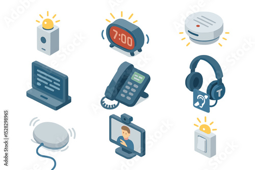 Hearing Impairment Aid Icons. Isometric Flat icon set of hearing impairment aids: visual doorbell flasher, vibrating alarm clock,