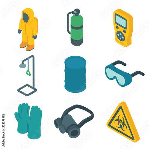 Hazard Response Gear Icons. Isometric Flat icon set of Hazardous materials response gear: hazmat suit, SCBA cylinder, chemical