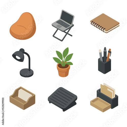 Home Office Icon Set. Isometric Flat icon set of Home office break corner: bean bag chair, laptop stand, notebook, pen holder,