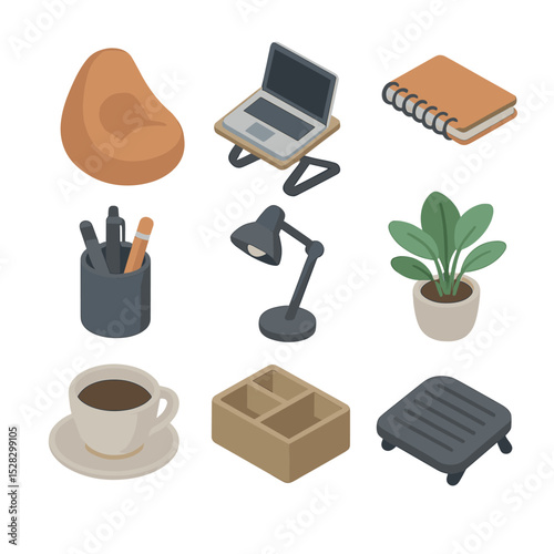 Home Office Icon Set. Isometric Flat icon set of Home office break corner: bean bag chair, laptop stand, notebook, pen holder,