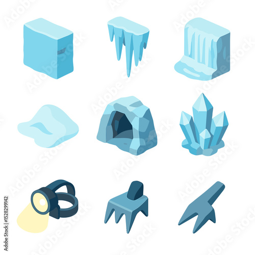 Ice Cave Icons. Isometric Flat icon set of ice cave formations: glacial ice wall, ice stalactite, frozen waterfall, blue ice