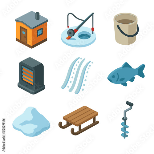 Ice Fishing Essentials. Isometric Flat icon set of Ice fishing hut: ice hole, fishing rod, bucket, portable heater, ski tracks,