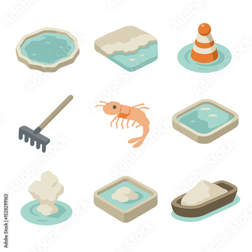 Hypersaline Brine Pools Icons. Isometric Flat icon set of hypersaline brine pools: salt-rich pond, crusty edge, buoy marker,