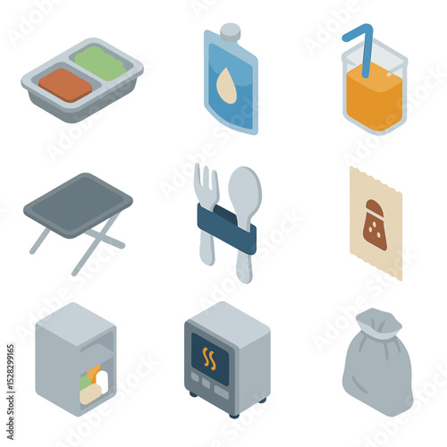 In-Flight Catering Icons. Isometric Flat icon set of In-flight catering and meals: sealed meal pack, rehydration pouch, drink bag,