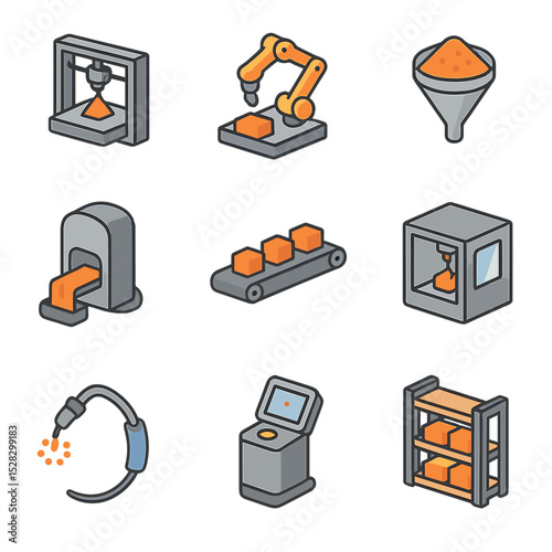 In-Situ Manufacturing Icons. Isometric Flat icon set of in-situ manufacturing: 3D printer rig, robotic assembler, raw material