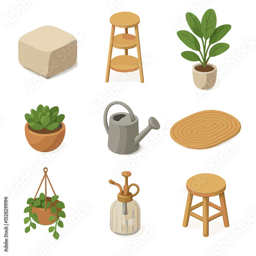 Indoor Plant Icon Set. Isometric Flat icon set of Indoor plant corner: pouf cushion, plant stand, tall leafy plant, succulent pot,
