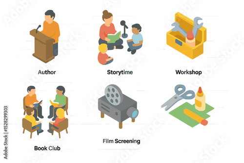 Library Events Icons. Isometric Flat icon set of Library events and programs: author talk podium, storytime microphone, workshop