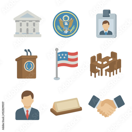 Licensing Authorities Icons. Isometric Flat icon set of Licensing Authorities and Agencies: government agency building, official