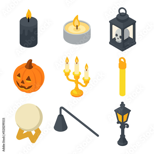 Isometric Lighting Icons. Isometric Flat icon set of lighting and candles: black pillar candle, flickering tealight, lantern with