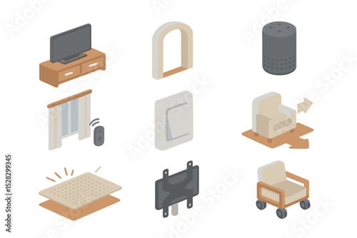Living Room Accessibility Icons. Isometric Flat icon set of living room accessibility: lowered media console, wide doorway arch,
