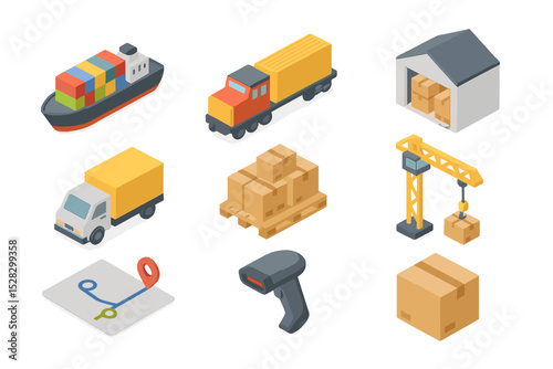 Logistics Icon Set. Isometric Flat icon set of Supply Chain and Logistics: cargo ship, freight train, warehouse, delivery truck,