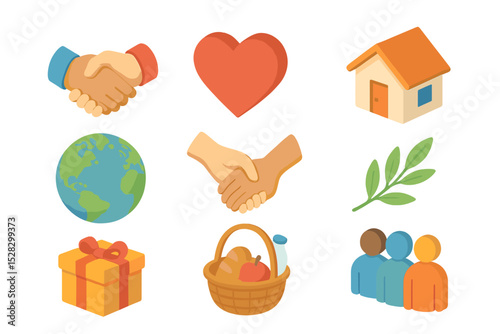 Love Your Neighbor Icons. Isometric Flat icon set of Love Your Neighbor: handshake, heart, house, globe, helping hand, olive