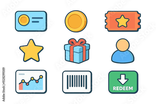 Loyalty Program Icons. Isometric Flat icon set of Token-based loyalty programs: loyalty card, token icon, star reward, coupon