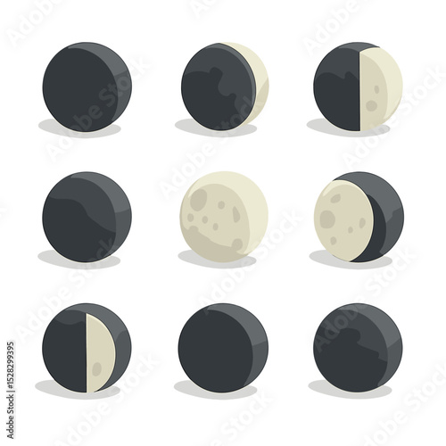 Lunar Phases Icon Grid. Isometric Flat icon set of lunar phases: new moon, waxing crescent, first quarter, waxing gibbous, full
