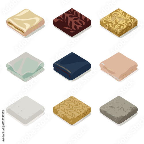 Luxury Fabric Swatch Icons. Isometric Flat icon set of luxury fabric swatches: silk satin, velvet burnout, metallic brocade,
